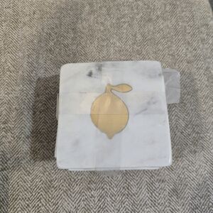 Set Of 4 Marble Coasters With Inlaid Metal Lemons New